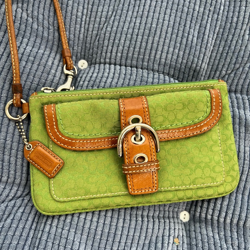 Coach Green and Brown leather wristlet
